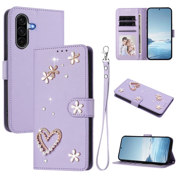 Dteck Wallet Phone Case for Samsung Galaxy S26, Magnetic Floral Bling Heart Folio Cover Card Slots Cash Pocket Kickstand Cover, Purple