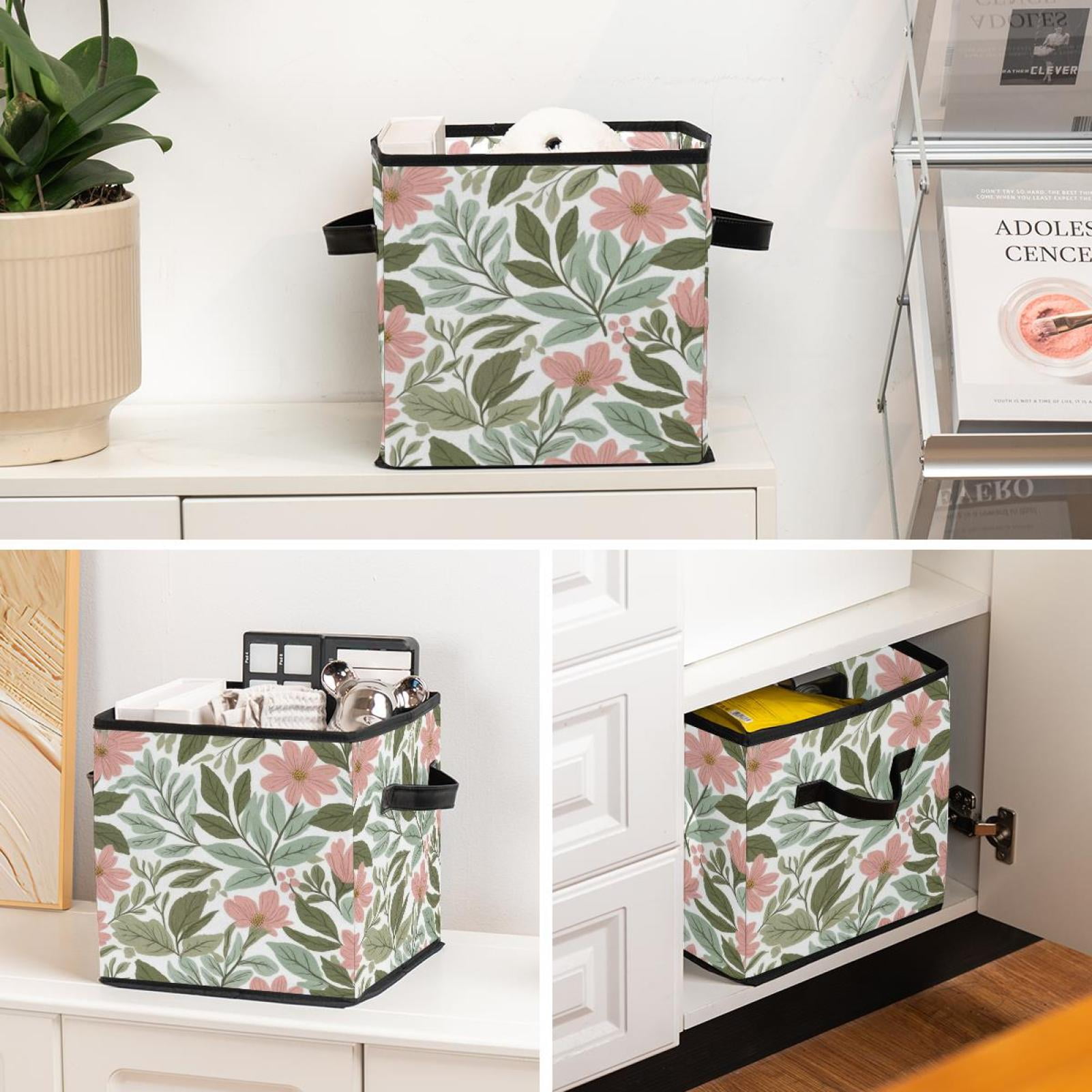 RATGDN Collapsible Fabric Cube Storage Bin with Double Handles for Living Room Bedroom Office Black - Plush Leaves Fresh Flowers