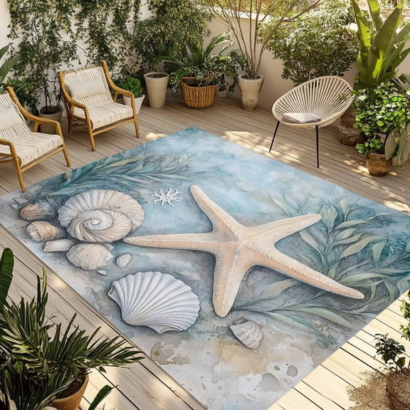 Fsddascl Coastal Starfish Outdoor Rug for Patio/Deck/Porch, Non-Slip Large Area Rug 5 x 8 Ft, Beach Summer Starfish Nautical Shell Blue Indoor Outdoor Rugs Washable Area Rugs, Camping Rug Carpet