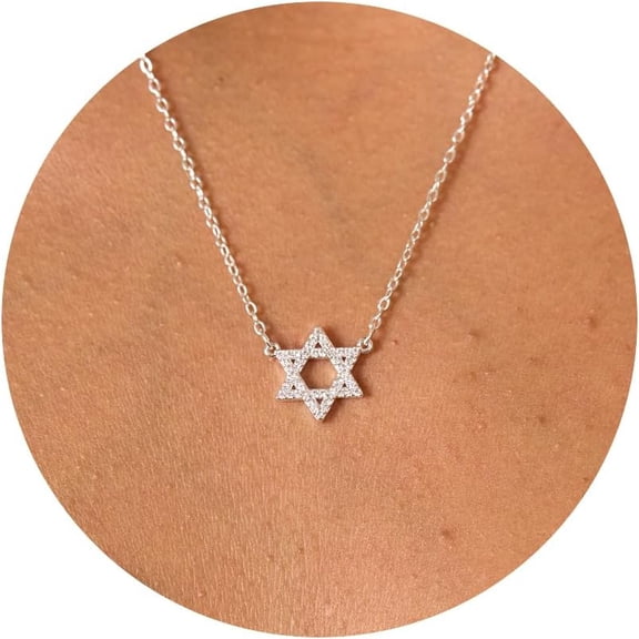 Terandius Silver Plated Star of David Necklace for Women, Cubic Zirconia Pendant Choker, 17 Inch with 2 Inch Extender, Dainty Minimalist Jewelry Gift for Her, Birthday Anniversary