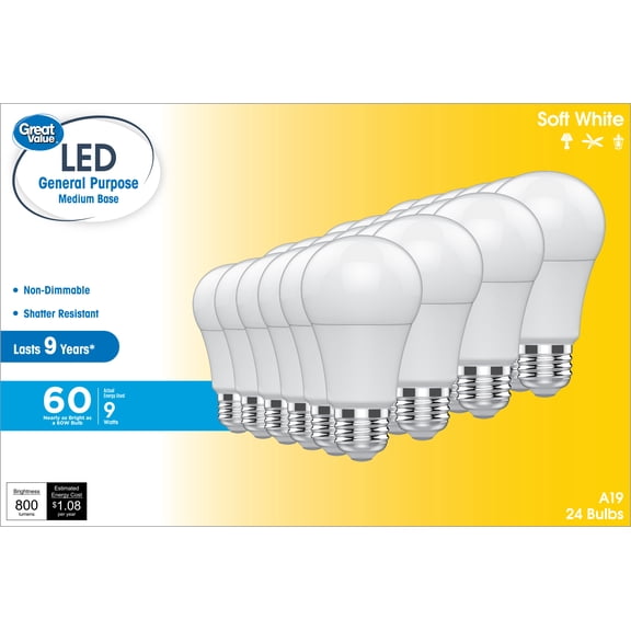 Great Value LED Light Bulbs, 60 W Equivalent, Soft White, Non-Dimmable, 24-Pack