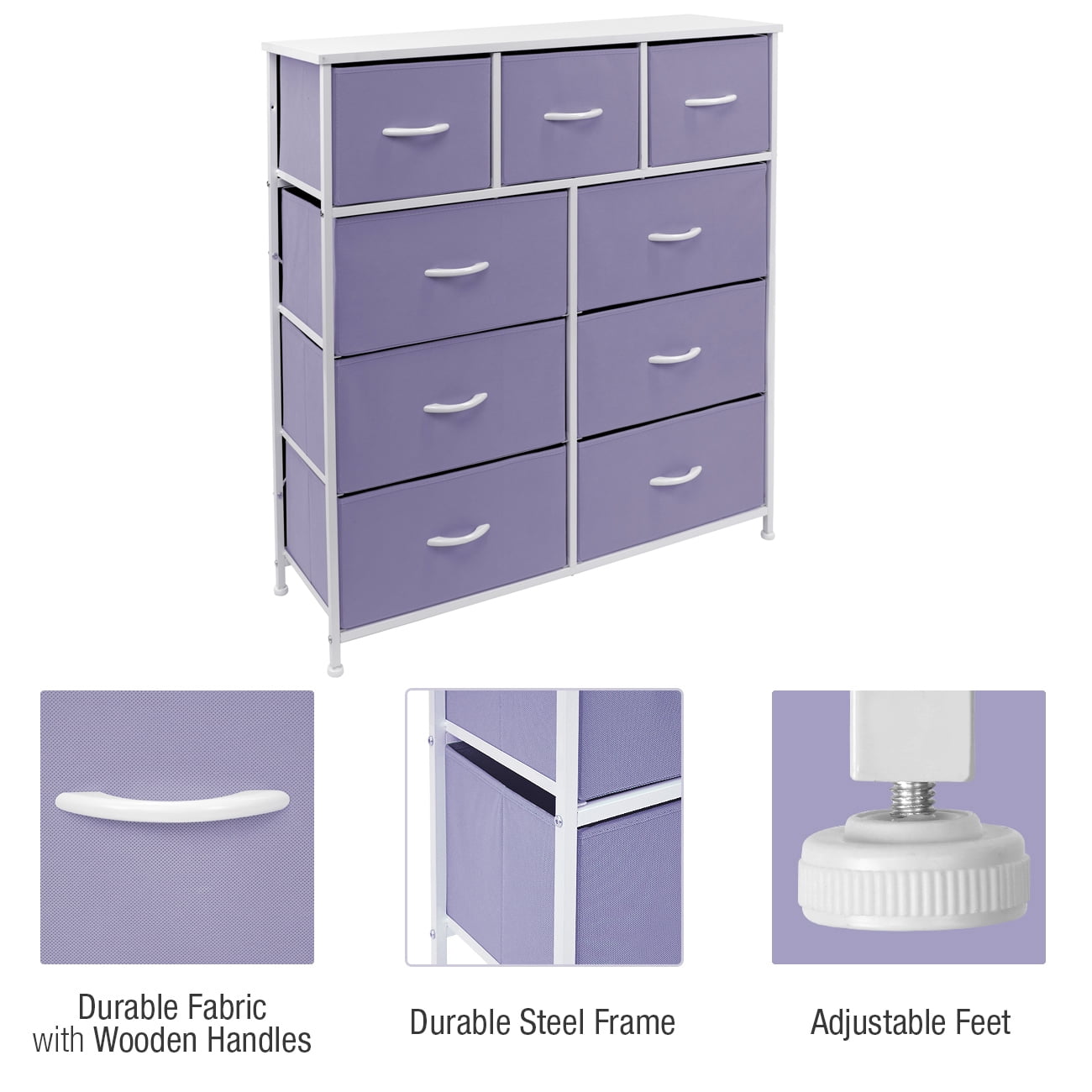 Sorbus 9-Drawer Dresser Nightstand End Table, Steel Frame, Wood Top, Purple