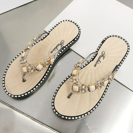 

Womens Comfort Flip Flops- Flip Flops Clip-Toe Rhinestone Outside Dressy Thong Sandals Gold Size 7