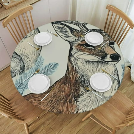 

Ullo0ord Fitted Round Tablecloth Animals Squirrel deer hedgehog bear wolf fox trees Table cover Elastic Edged Table Cloth Fits Round Tables 46 -50