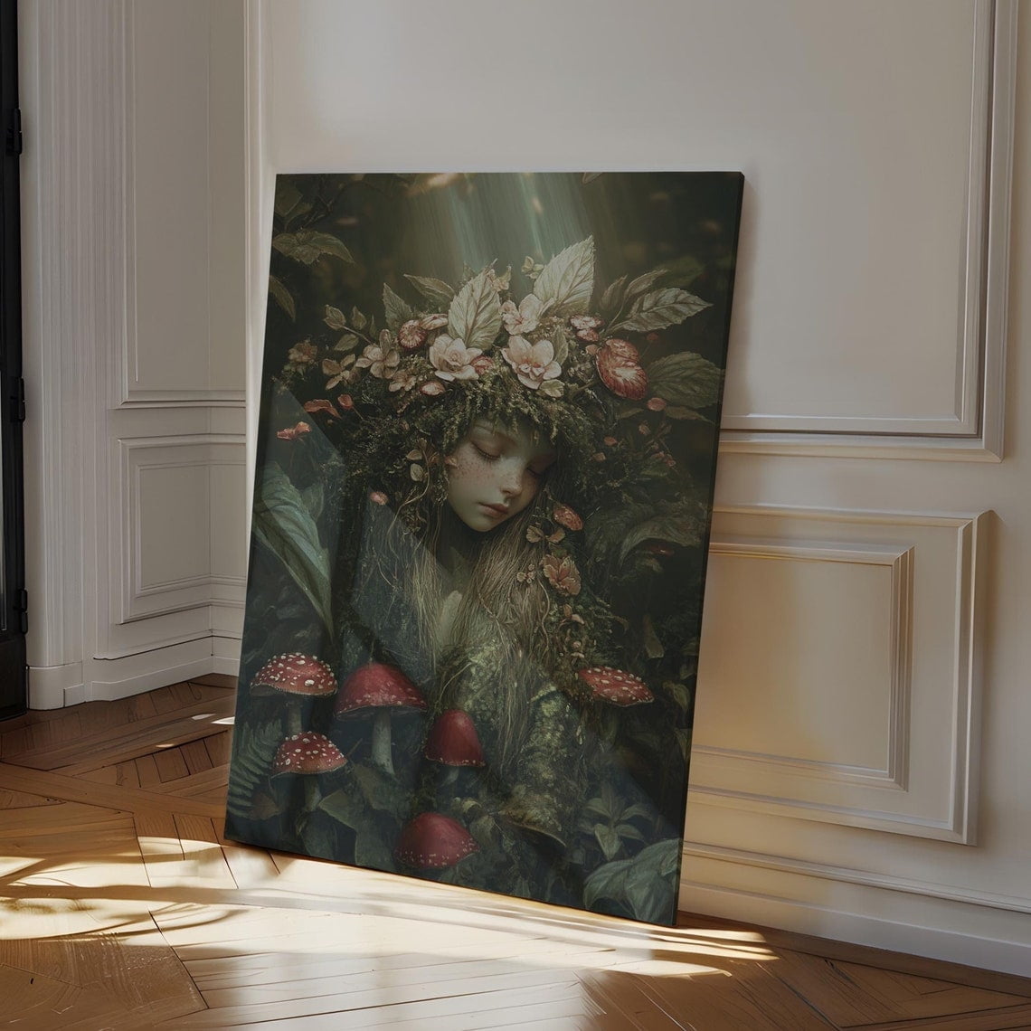 Mystical Forest Nymph Print Ethereal Nature Spirit Art Enchanted Fae Portrait Dark Fairycore Wall Decor Woodland Fantasy Aesthetic Wall Art Modern Wall Decor 24x36 UNFRAMED
