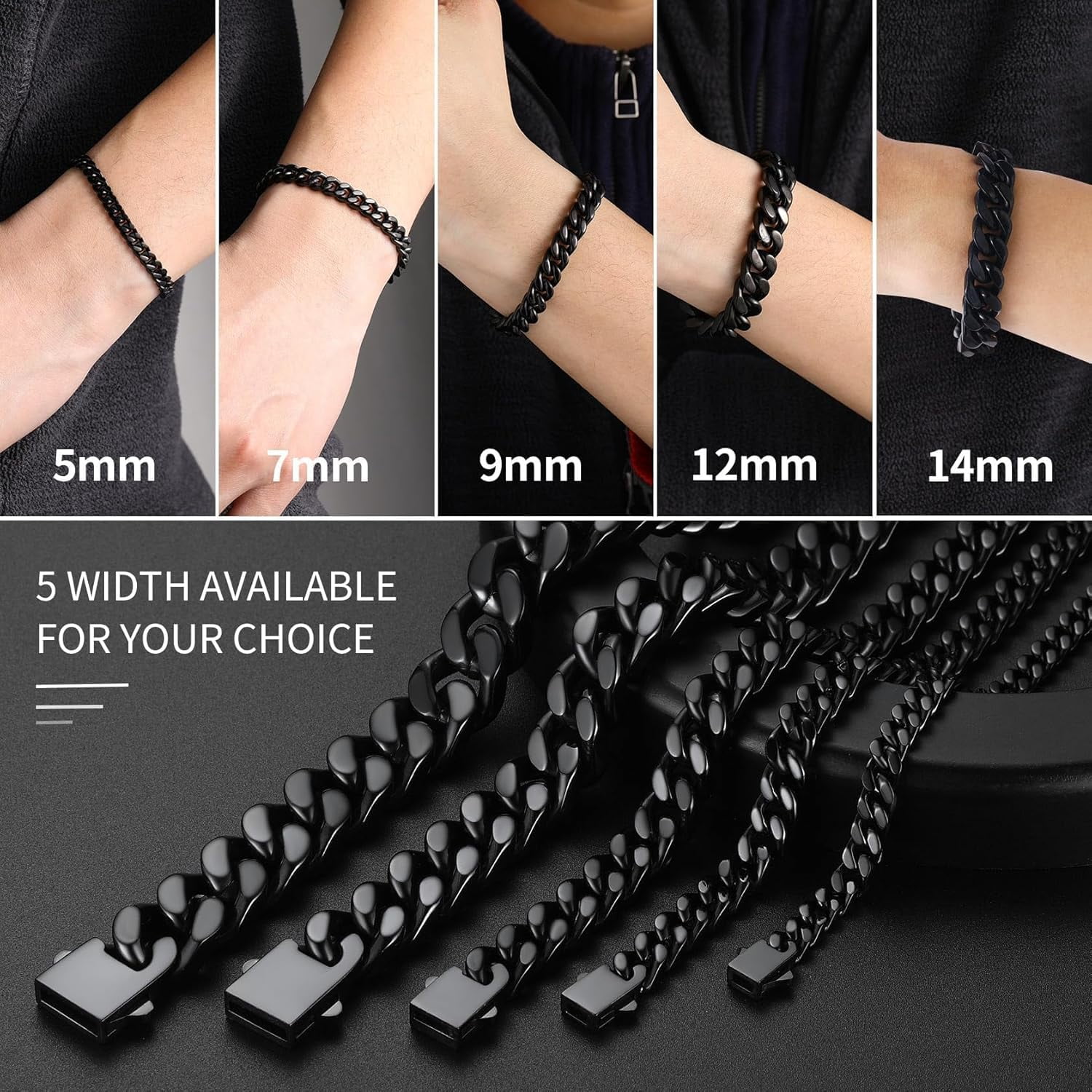 Leander Stainless Steel Cuban Link Bracelet for Men, 5mm/7mm/9mm/12mm Width, 7.5"/8.3"/9" Length, Black/18K Gold Plated Chain Wrist Bracelets for Men, with Gift Box
