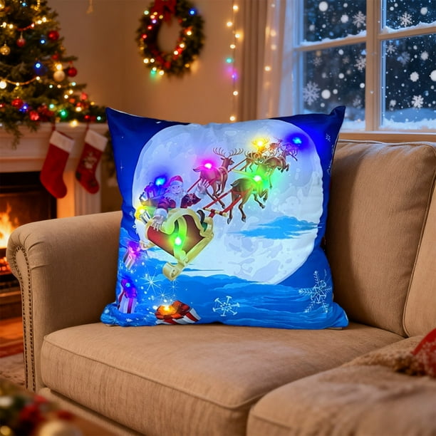 Cojín navideño LED | Modos de luz intermitente y fija | Cojín decorativo navideño para sofá y cama | Decoración festiva para el hogar con diseños de Papá Noel y árbol