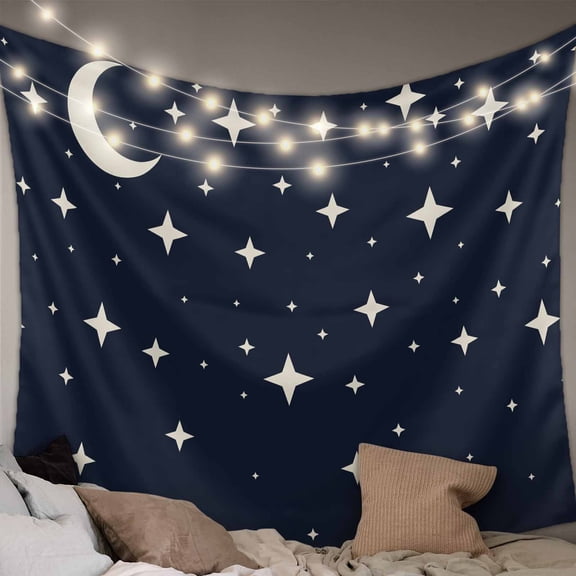 Modern Navy Blue Tapestry for Bedroom Wall Hanging Tapestry, Japanese Style Moon Stars Minimalism Ceiling Backdrop Tapestries Poster Blanket Wall Decor for Teens Room Living Room Dorm 51" x 59"