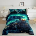 thumbnail image 2 of Vintage Steam Engine Bedding Set Old Train Car Twin Comforter Set Child Retro Locomotive Down Comforter Railway Track Transport Bed Set Turquoise Moon Starry Galaxy Quilt Set,Cyan, 2 of 7