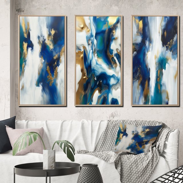 Designart "Abstract Transcendence Blue and Gold IV" Abstract Painting Framed Wall Art Set Of 3 - Gold Modern Frame Gallery Set For Office Decor