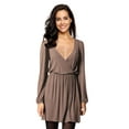 thumbnail image 2 of Furvclv Women Long Puff Sleeve Mini Dress Deep V Neck Solid A-Line Party Casual Dress, 2 of 9