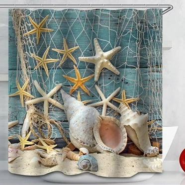 BSHAPPLUS 71"x71" Sea Shell Shower Curtain Waterproof Beach Curtain Decor Bathroom Set   12 Hooks Rings Home Decor