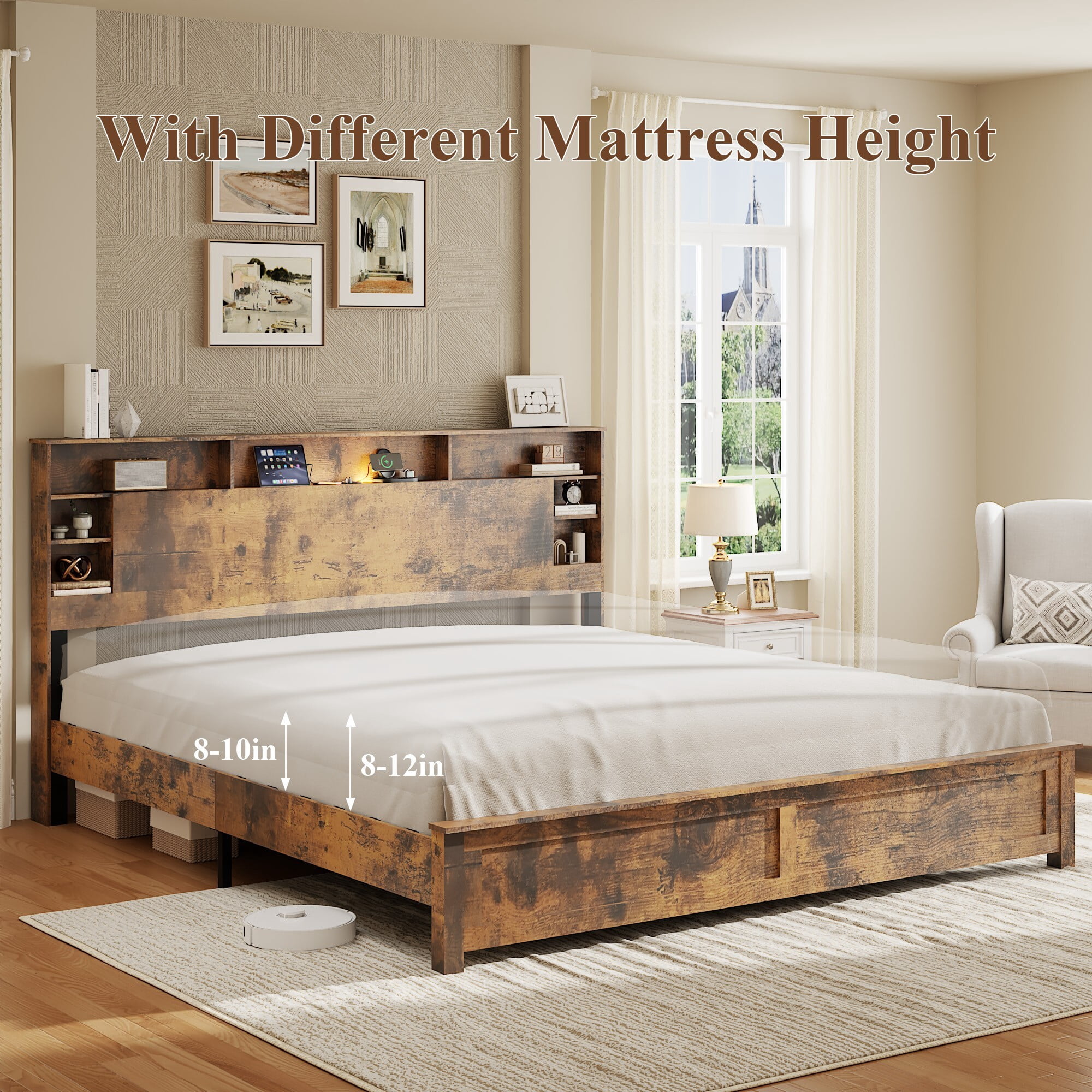 DEALTOPS King Size Platform Bed Frame with Storage Headboard, LED Light & Charging Station, Rustic Brown