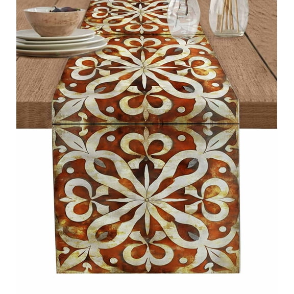 Burnt Orange Retro Burlap Cotton Table Runner 13x72 Inches Long, Ethnic Flowers Impressionist Art Farmhouse Table Runners, Outdoor Dining Tablecloths Decor for Baby Shower/Party/Wedding
