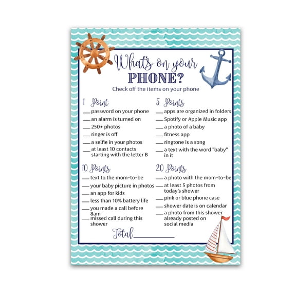 NAUTICAL Baby Shower Games — WHAT'S ON YOUR PHONE — Pack of 25, Rustic Navy Blue Anchor, Ahoy BOY Baby Shower Game, Sail Boat Fun Game Gender Neutral Nautical Theme Shower Activity G807-PHN