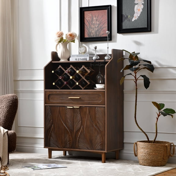 Ahokua Mid-Century Wine Bar Cabinet with 9-Bottle Rack, 2 Glass Holders, Leaf Carved Doors and Drawer