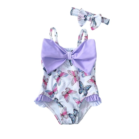 KIMI BEAR Newborn Baby Girls One-piece Swimsuit 6-12 Months Sleeveless Off the Shoulder Swimsuit Bowknot Butterfly Print Bathing Suit with Headband Purple