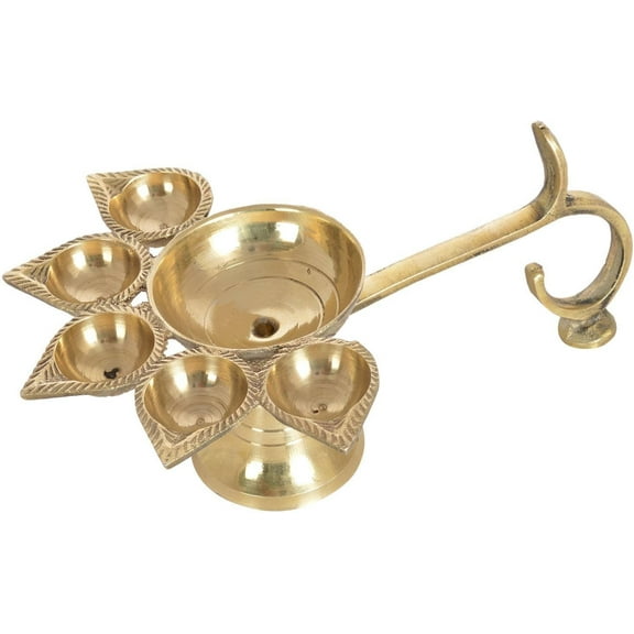 5 Face Brass Diya with Stand and Holder Puja Room Home Decor Office Temple Pooja Decor Gifts
