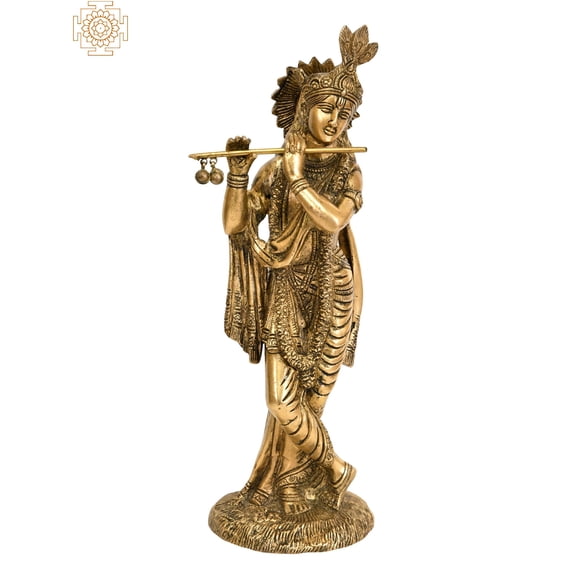 9" Handmade Brass Lord Krishna Playing Flute Statue for Puja Altar Décor