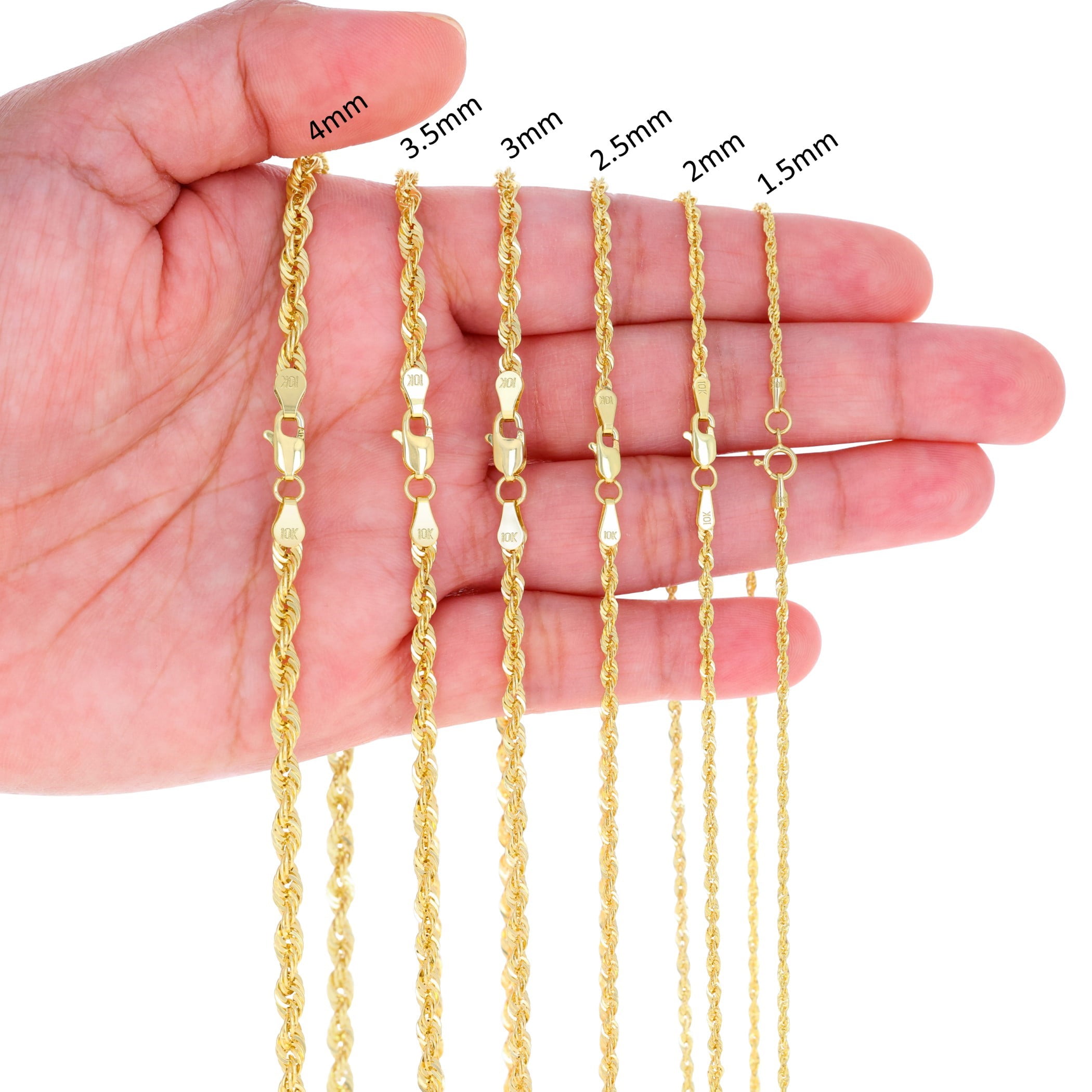 Nuragold 10K Real Yellow Gold Rope Diamond Cut Chain Lightweight Necklace 14"-30" (1.5mm-4mm) Italian Jewelry for Men & Women