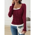 thumbnail image 4 of Lace Henley T-Shirts for Women Button Down Slim Fit Tops Long Sleeve V-Neck Tunic Top Blouse Wine Red S, 4 of 9
