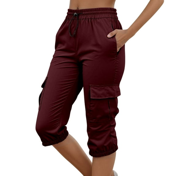 Jamsmile Womens Cargo Pants Ladies Elastic Waistband Solid Color Quarter Workwear Pants With Pockets Streetwear Loose Jogger Pants