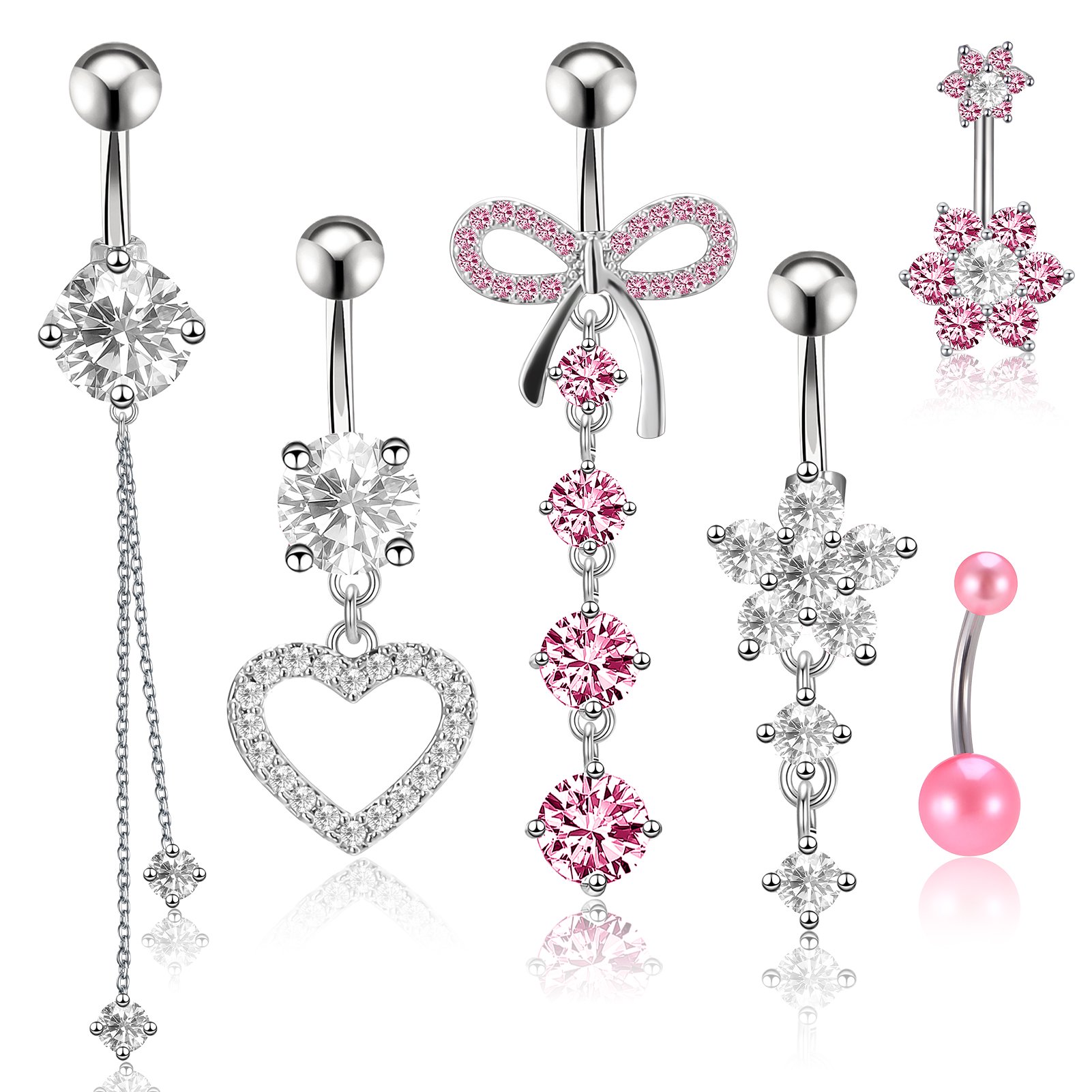Bocaoying 6 Pcs Belly Button Ring for Women, Belly Button Piercing Jewelry, Dangle Belly Button Rings, Stainless Steel Navel Rings, Cute Heart-Shaped Bow Flower Pregnancy Belly Rings
