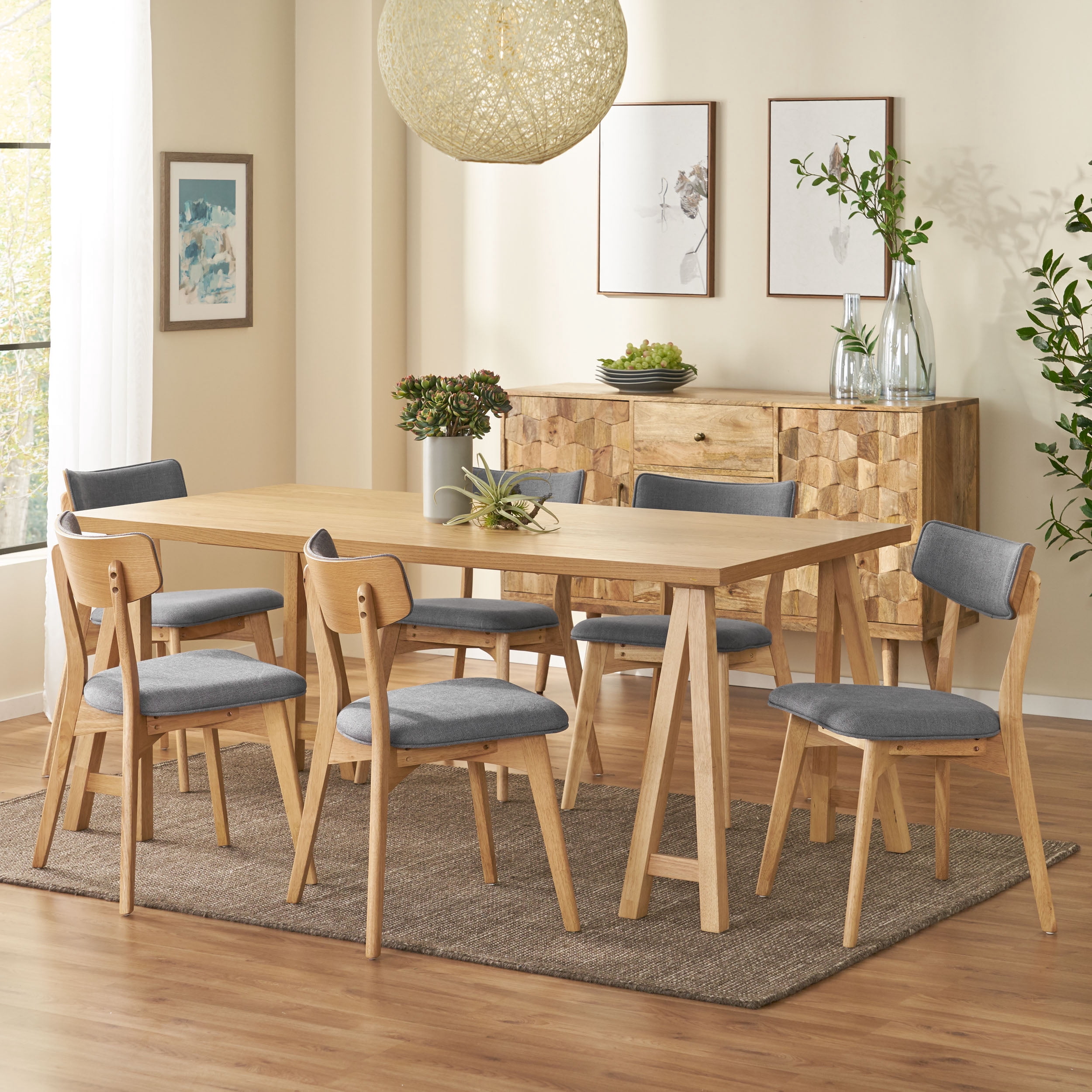Noble House Sadie Rubberwood Dining Set, Dark Gray, Natural Oak