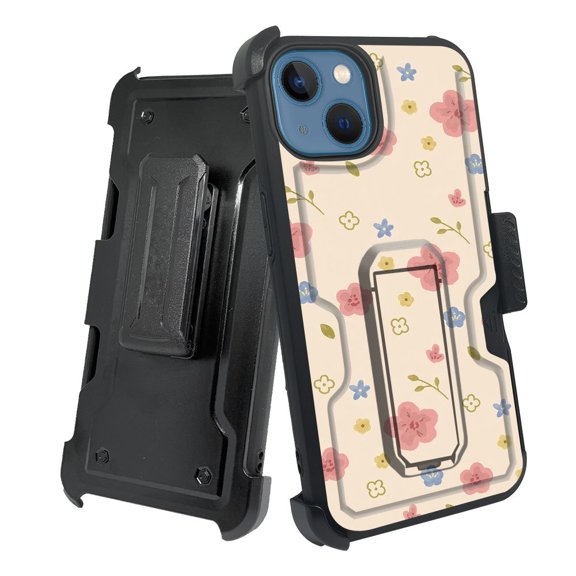 ANJ  Rugged Shockproof Holster Case w/Card Slot, Kickstand   Tempered Glass for iPhone 13 (6.1") - Cute Sakura