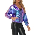 thumbnail image 4 of Chaqueta metálica brillante con capucha holográfica para mujer Inspire Chic, de manga larga, con cremallera, en azul y púrpura, 4 of 5