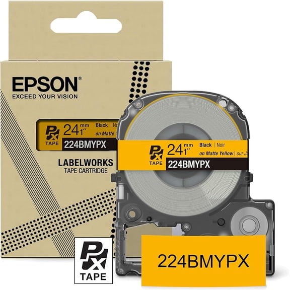 Epson LABELWORKS 224BMYPX - Black on Matte Yellow PET Label Maker Tape - 1" (24MM) Wide, 26'