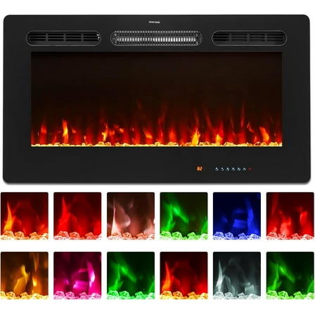 36" Electric Fireplace, Electric Fireplace Inserts Recessed/Wall Mounted with Touch Screen, Remote Control with Timer, 12 Adjustable Flame Colors, Log & Crystal Options, 750/1500W Heater