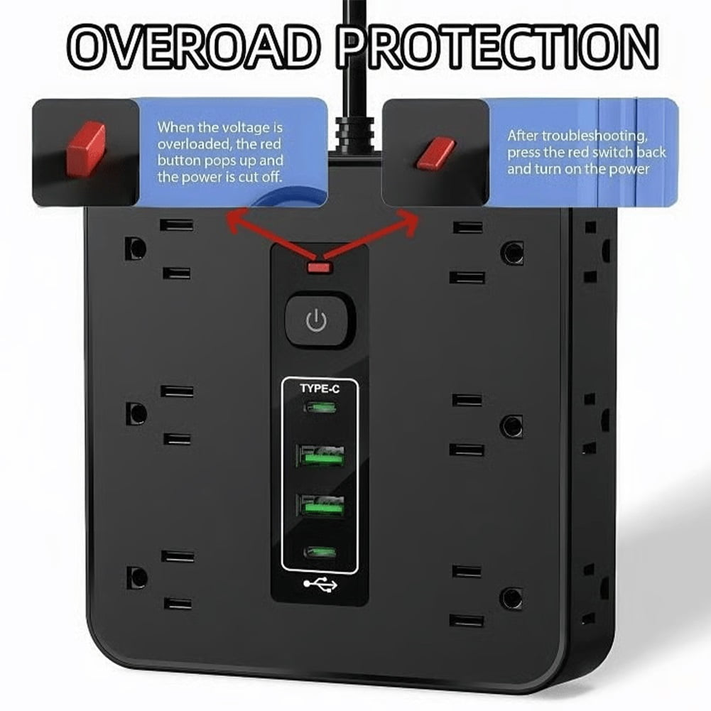 16-in-1 Power Strip with Switch & Surge Protection, Travel Extension Cord with USB Ports, Outlet Electrical Extender, 6.5FT Extension Cord On/Off Switch, 16 Outlet USB-C Power Strip