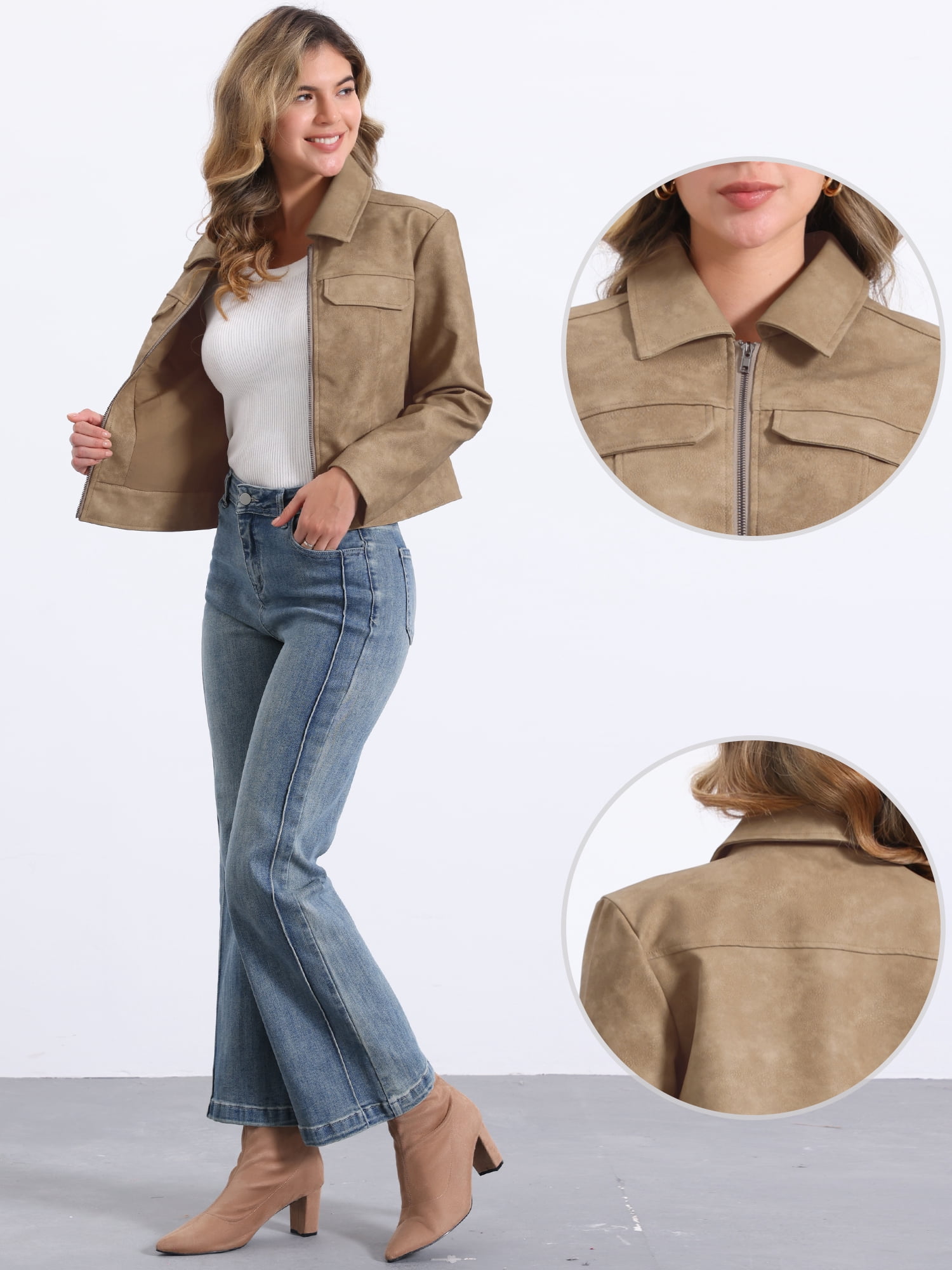 DARING DIVA Women's Faux Leather Jackets Zip Up Vintage Distressed Moto Biker Jacket M Tan