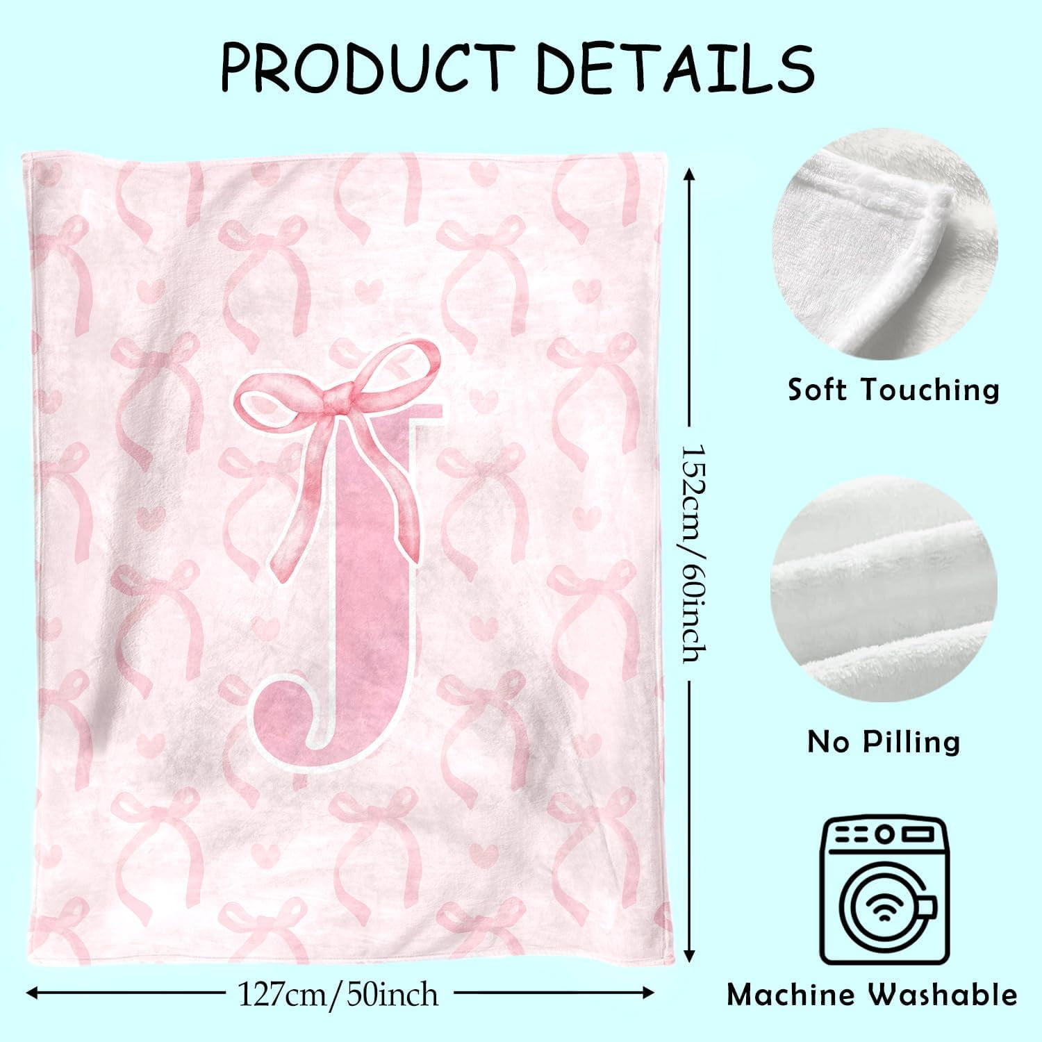 Coquette Pink Bow Blanket,Personalized Initial J Soft Fluffy Cozy Flannel Blanket,Monogrammed Gifts for Daughter Women Teen Women,Customized Blanket for Bedding Bedroom Office,50x60 Inches
