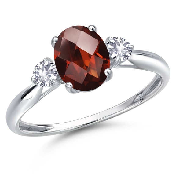 Gem Stone King 10K White Gold Red Garnet and White Created Sapphire 3-Stone Ring for Women | 1.79 Cttw | Oval Checkerboard 8X6MM | Gemstone January Birthstone | Size 7