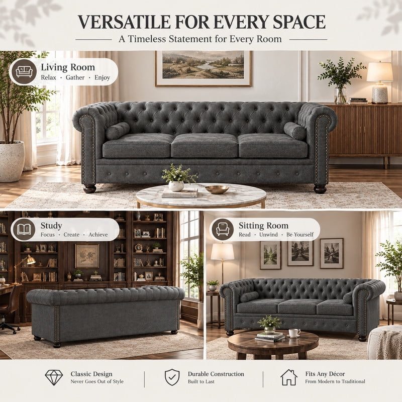 Anpport 81" Rolled Arm Chesterfield Sofa, Faux Leather 3 Seater Couch, Button Tufted, Nailhead Trim & Solid Wood Legs for Living Room & Office, Dark Grey