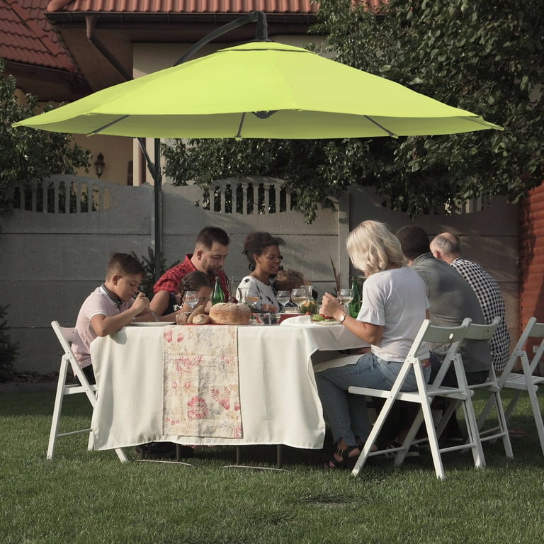 cabana stripe patio umbrella ELM 10" Ft Cantilever Offset w/ 4-Piece Base Weights Included, Coffee Weather resistant polyester canopy provide a nice outdoor shade for your patio WestinTrends 10 ft Outdoor Patio