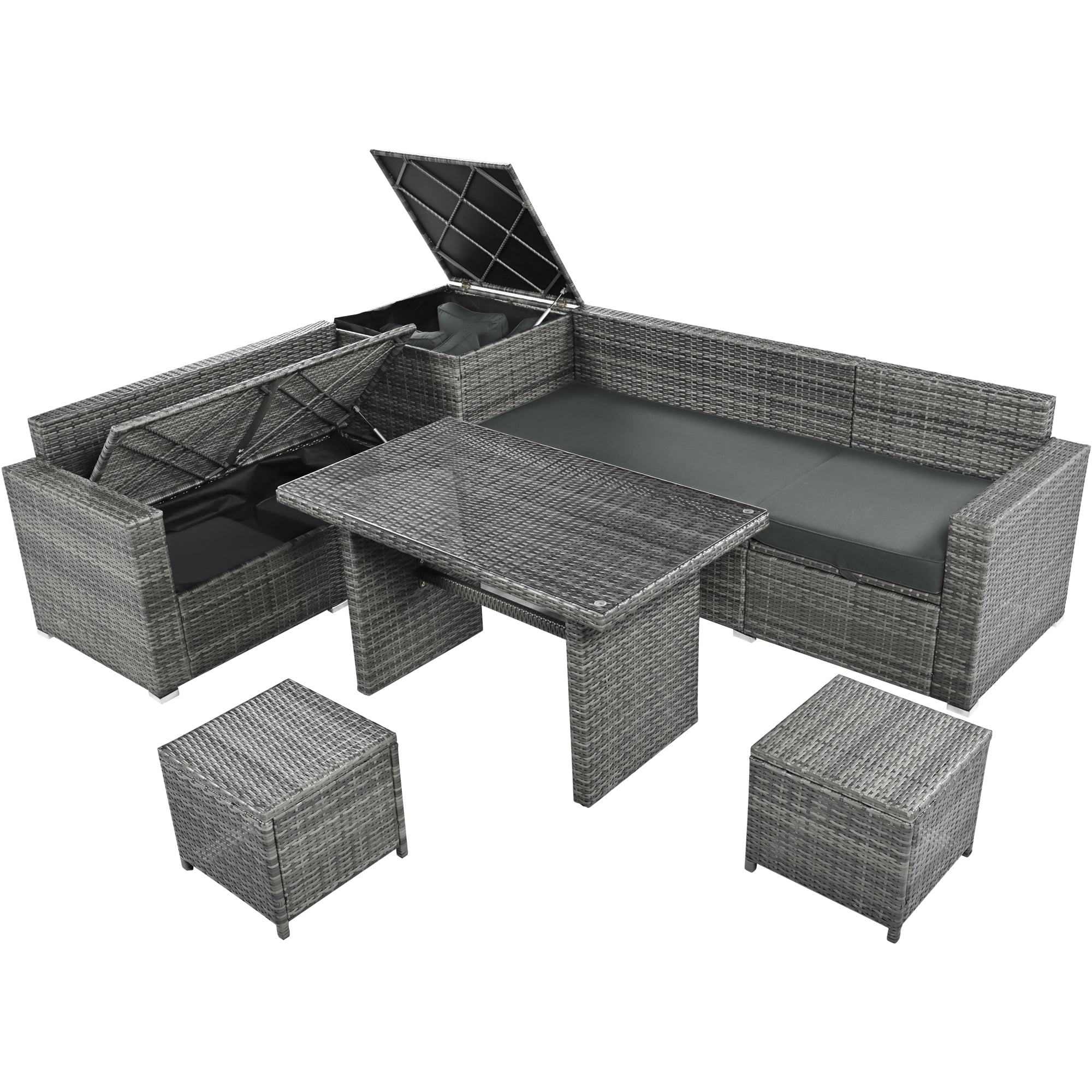 Euroco 6-Piece All Weather Outdoor Rattan Sofa Set, Patio Wicker Sectional Furniture Set with Glass Top Table, Storage Box, for 7 Persons, Gray