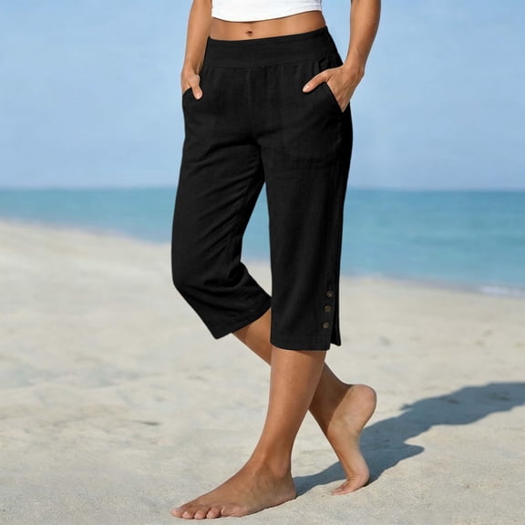 Capri Pants for Women Elastic Waist Relaxed Fit Casual Soft Cotton Linen Pants with Pockets Summer Outdoor Athletic Hiking Black XL