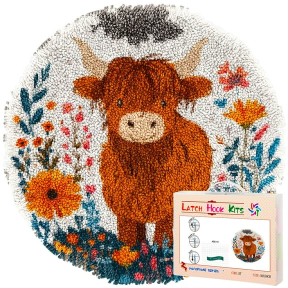 Latch Hook Rug Kit Cute Highland Cow in Flowers Stamped Handmade Round Shape Carpet Crochet Yarn Craft DIY Hook and Latch Door Mat Tapestry for Home Floor Decor 50x50cm(2)