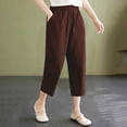 thumbnail image 2 of Outfmvch Capri Palazzo Pants Drawstring Elastic Waist Paper Bag Pants Pull On Elastic Yoga Capris with Pockets Flowy Pants for Women Petite Palazzo Pants Capri Pants with Lace Side Brown M-3XL, 2 of 6
