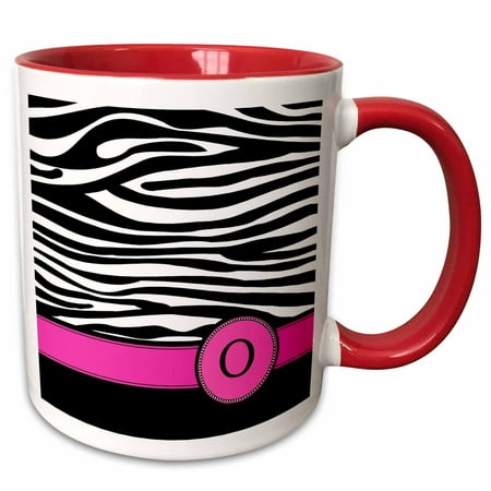 

3dRose Letter O monogrammed black and white zebra stripes animal print with hot pink personalized initial - Two Tone Red Mug 11-ounce