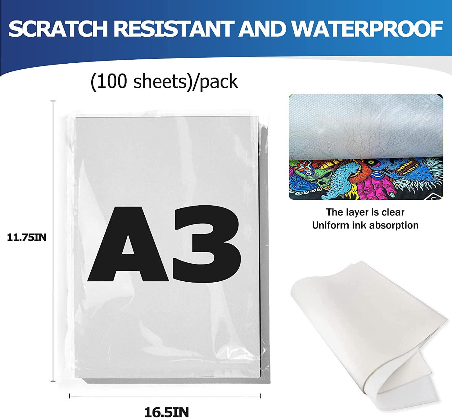 DTF Transfer Film - 100 Sheets A3 (11.7" x 16.5") for Direct Transfer Film Printing for DTF Ink Printing PET Film Printing and Transfer
