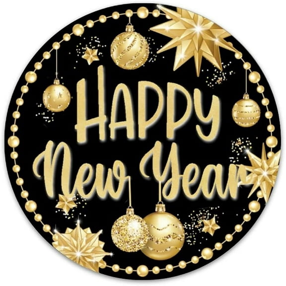 Happy New Year Christmas Round Metal Sign - Wreath Santa Claus Merry Christmas Seasonal Holiday Gift Cafe Bar Home Wall Decor Art Winter Decoration Plaque 8"x8"