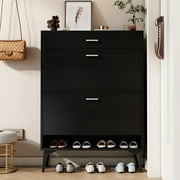 Shoe Cabinet, Shoe Storage Shelves Entry Table with 2 Flip Drawers & 1 Drawer, Slender Shoe Organizer Console Table Storage Cabinet for Entryway Bedroom Hallway, 31.49''L*9.44''W*43.30''H, Black