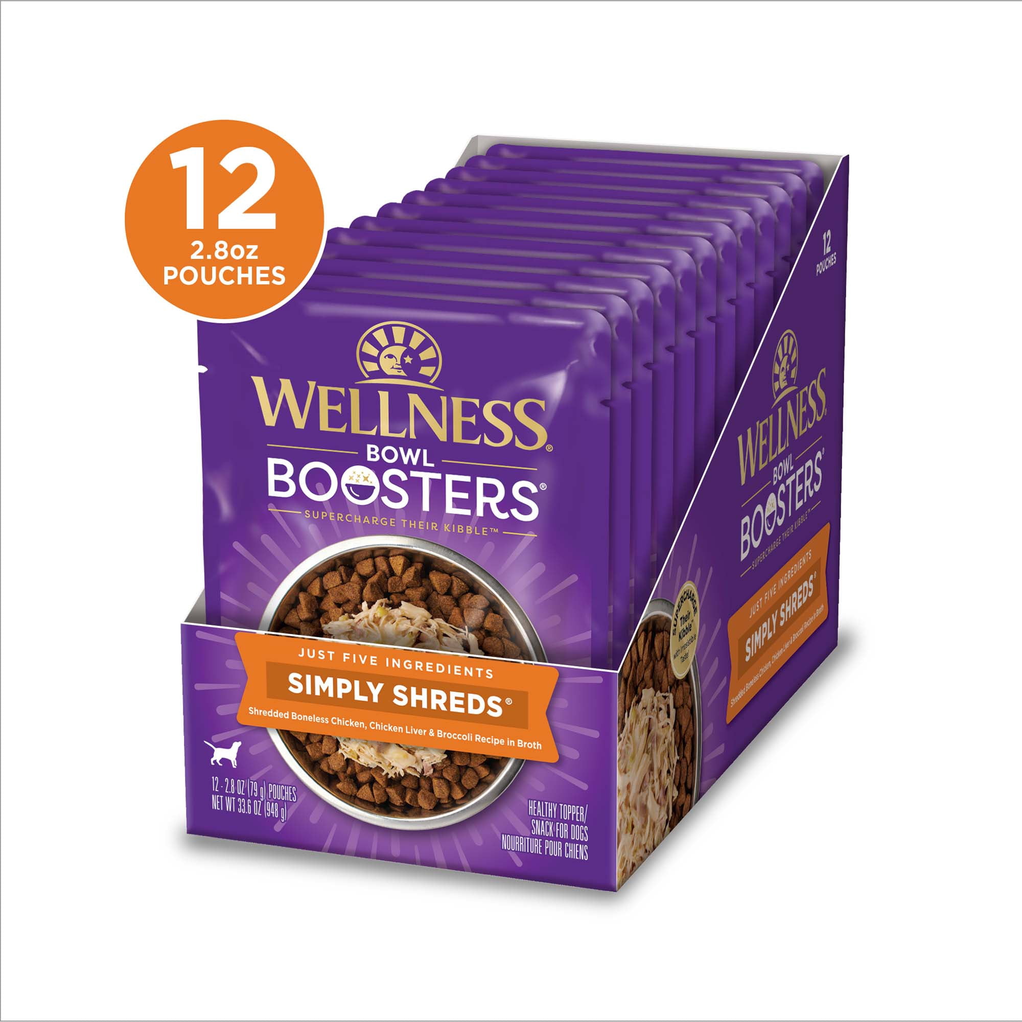 Wellness Bowl Boosters Simply Shreds Wet Dog Food Topper for Small, Medium, & Large Breeds, Grain Free, Natural, Chicken Liver & Broccoli, 2.8 Ounce Pouch (Pack of 12)