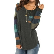 Women Round Neck Long Sleeves Color Block Tunic Shirt