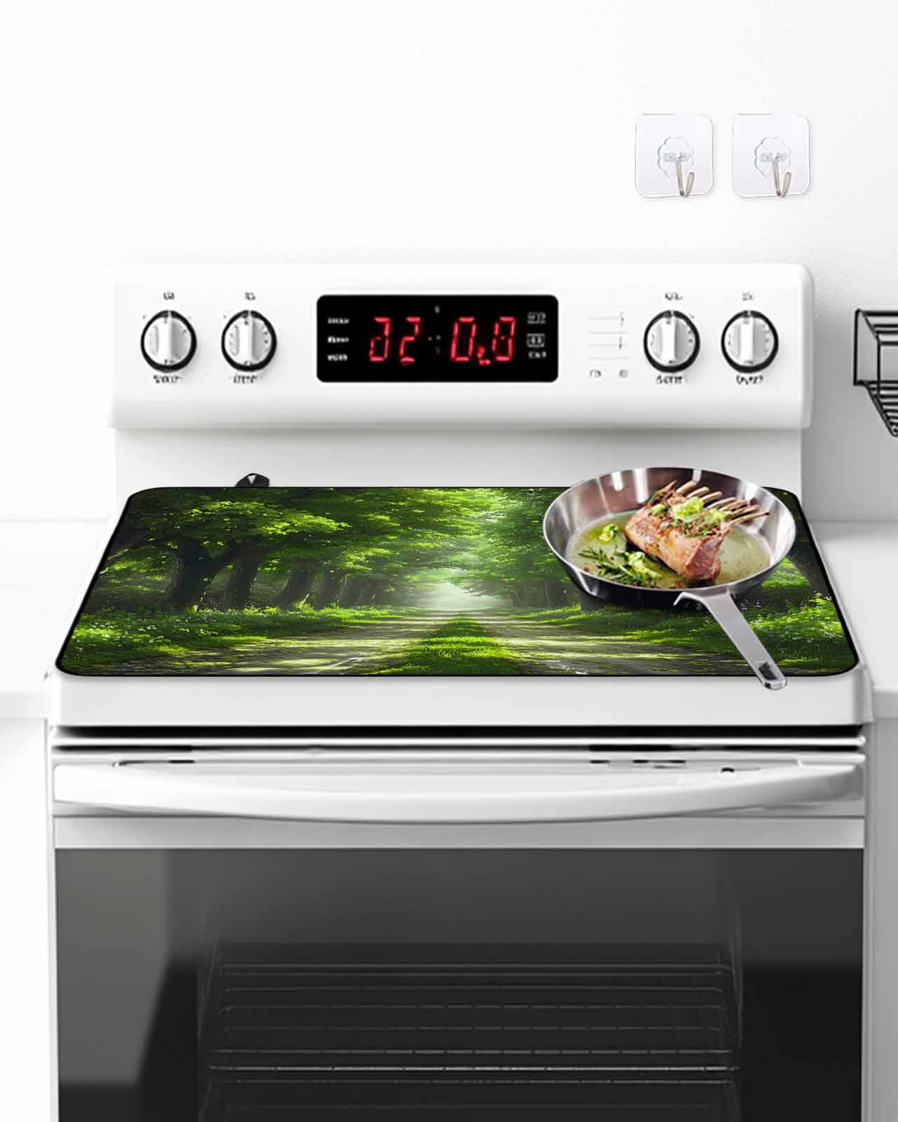 Stove Top Covers for Electric Stove, Green Trees Glass Stovetop Cover Protector, Forest Art Decor Spring Summer Nature Leaf Induction Cooktop Protector Oven Mat for Kitchen Countertop 24"x21"