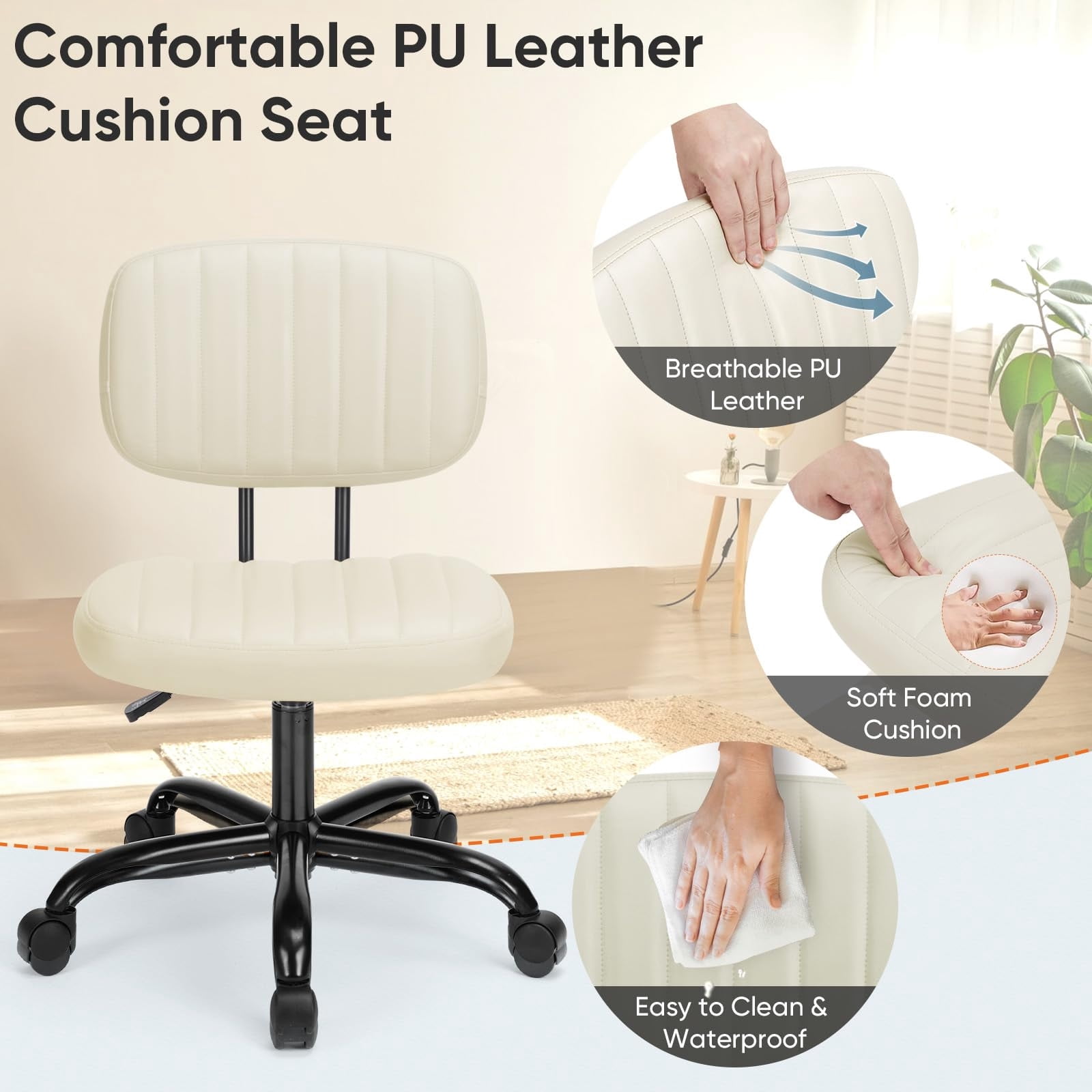 Telyra Armless Office Chair Adjustable PU Leather Desk Chair with Wheels Padded Low-Back Swivel Vanity Chair, Beige